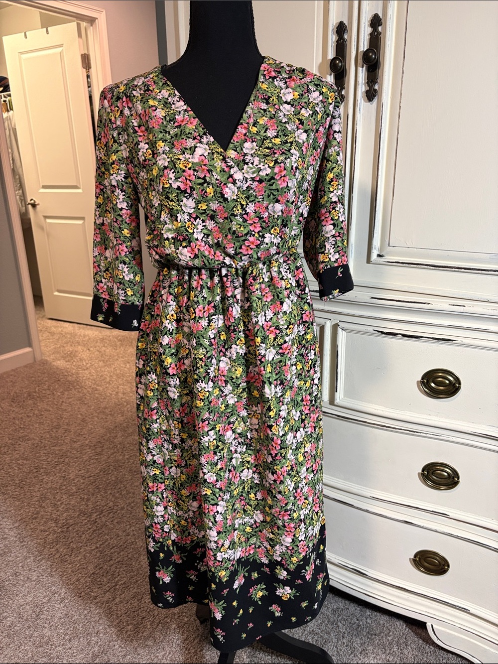 Zara Black Floral Wrap Midi Dress with Pink and Green Accents